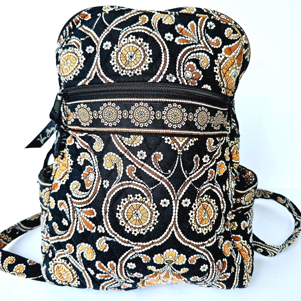 Vera Bradley Mini Backpack Black Tan Paisley Quilted Cotton Travel Bag Small